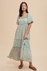 Green Floral Print Puff Sleeve Maternity Maxi Dress