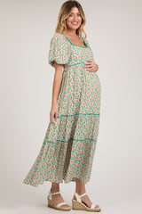 Green Floral Print Puff Sleeve Maternity Maxi Dress