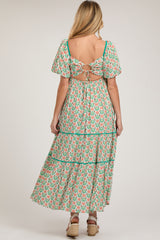 Green Floral Print Puff Sleeve Maternity Maxi Dress