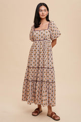 Brown Floral Print Puff Sleeve Maxi Dress