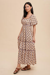 Brown Floral Print Puff Sleeve Maxi Dress