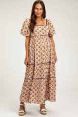 Brown Floral Print Puff Sleeve Maternity Maxi Dress