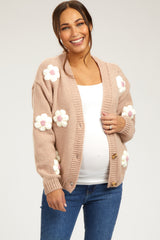 Taupe Floral Knit Button Front Maternity Cardigan