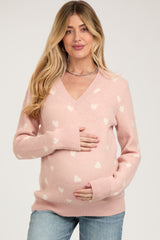 Light Pink Heart Print Knit Maternity Sweater