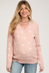 Light Pink Heart Print Knit Maternity Sweater