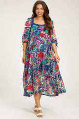 Navy Floral Half-Length Sleeve Tie Maternity Midi Dress