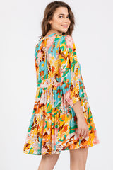 Beige Multicolor Floral 3/4 Length Sleeve Dress