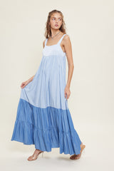 Blue Sleeveless Tiered Tie Back Maxi Dress