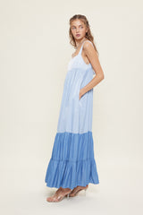 Blue Sleeveless Tiered Tie Back Maxi Dress