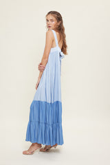 Blue Sleeveless Tiered Tie Back Maxi Dress