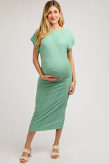 Sage Ribbed Short Sleeve Gathered Maternity Midi Dress