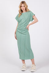 Sage Ribbed Short Sleeve Gathered Maternity Midi Dress