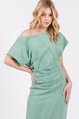 Sage Ribbed Short Sleeve Gathered Midi Dress