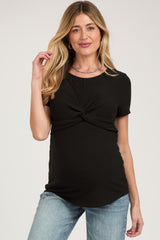 Black Ribbed Twist Front Maternity Top