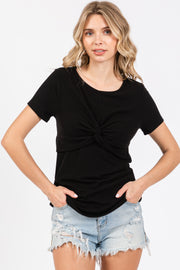 Black Ribbed Twist Front Top