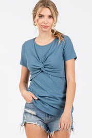 Blue Ribbed Twist Front Top