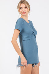 Blue Ribbed Twist Front Top