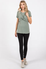 Light Olive Ribbed Twist Front Top