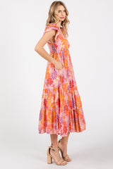 Orange Floral Sweetheart Neck Ruffle Shoulder Midi Dress