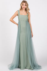 Light Olive Square Neck Tulle Maxi Dress