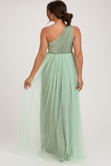 Light Olive One Shoulder Tulle Maternity Maxi Dress