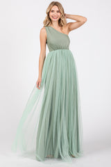 Light Olive One Shoulder Tulle Maxi Dress