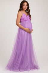 Purple Floral Applique Lace-Up Back Tulle Maternity Maxi Dress