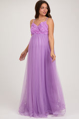 Purple Floral Applique Lace-Up Back Tulle Maternity Maxi Dress