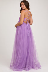 Purple Floral Applique Lace-Up Back Tulle Maternity Maxi Dress