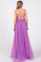 Purple Floral Applique Lace-Up Back Tulle Maxi Dress