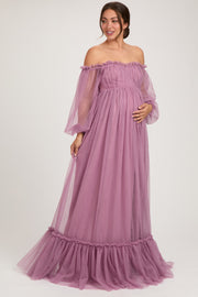 Mauve Sweetheart Neck Off Shoulder Long Sleeve Tulle Maternity Maxi Dress