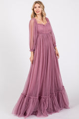 Mauve Sweetheart Neck Off Shoulder Long Sleeve Tulle Maternity Maxi Dress