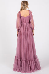 Mauve Sweetheart Neck Off Shoulder Long Sleeve Tulle Maxi Dress