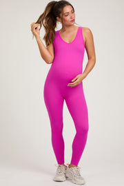 Fuchsia V-Neck Seamless Ribbed Fitted Maternity Jumpsuit