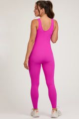 Fuchsia V-Neck Seamless Ribbed Fitted Maternity Jumpsuit