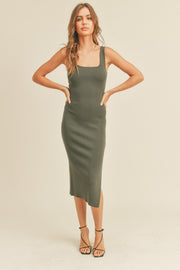 Olive Knit Fitted Midi Dress