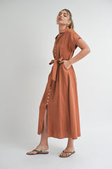 Rust Collared Front Button Midi Dress