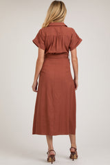 Rust Collared Front Button Maternity Midi Dress