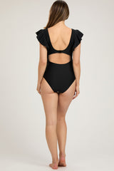 Black Crochet Detail Ruched Maternity One Piece Swimsuit