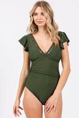 Olive Crochet Detail Ruched One Piece Swimsuit