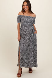 Black Floral Smocked Fitted Sleeve Side Slit Maternity Maxi Dress