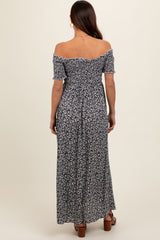 Black Floral Smocked Fitted Sleeve Side Slit Maternity Maxi Dress