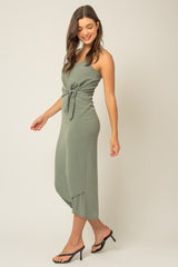 Sage Sleeveless Ribbed Waist Tie Wrapped Hem Dress