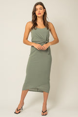 Sage Sleeveless Ribbed Waist Tie Wrapped Hem Dress