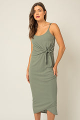 Sage Sleeveless Ribbed Waist Tie Wrapped Hem Dress