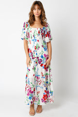 Ivory Floral Front Button Accent Maxi Dress