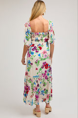 Ivory Floral Front Button Accent Maternity Maxi Dress