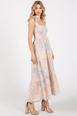 Multicolor Pastel Print Shoulder Tie Tiered Midi Dress