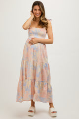 Multicolor Pastel Print Shoulder Tie Tiered Maternity Midi Dress