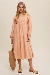 Peach Criss Cross Front Square Neck Long Sleeve Maternity Midi Dress